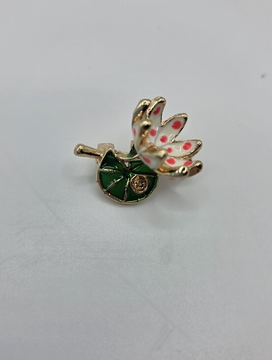 JTV Jewelry - Gold Lotus Flower Brooch White Pink Polka Dot Enamel Green Leaf New